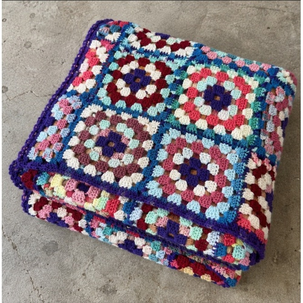 Vintage Granny Square Crochet Blanket Handmade Afghan Boho Throw Cottagecore 70s